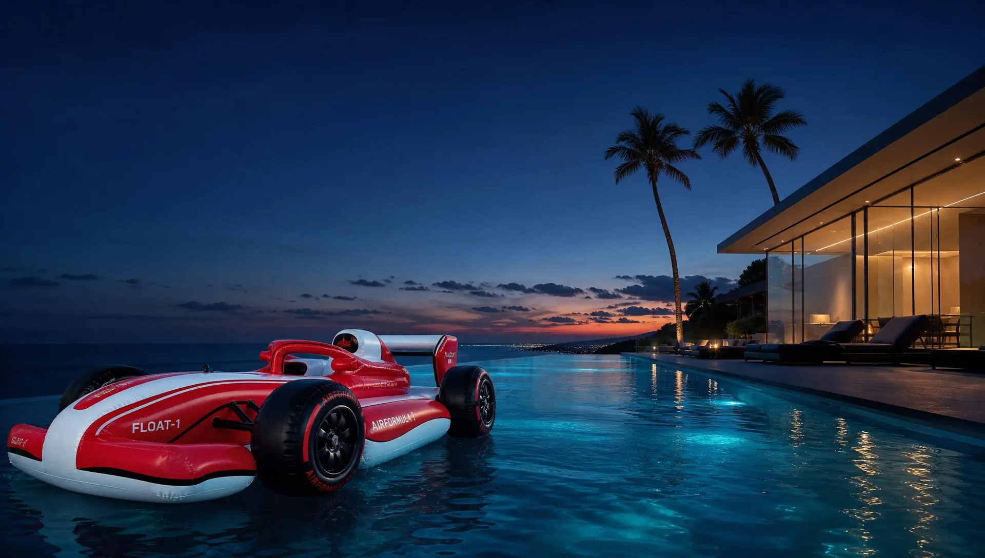 Formula Float GP-1 in a turquoise infinity pool at sunset with a modern villa